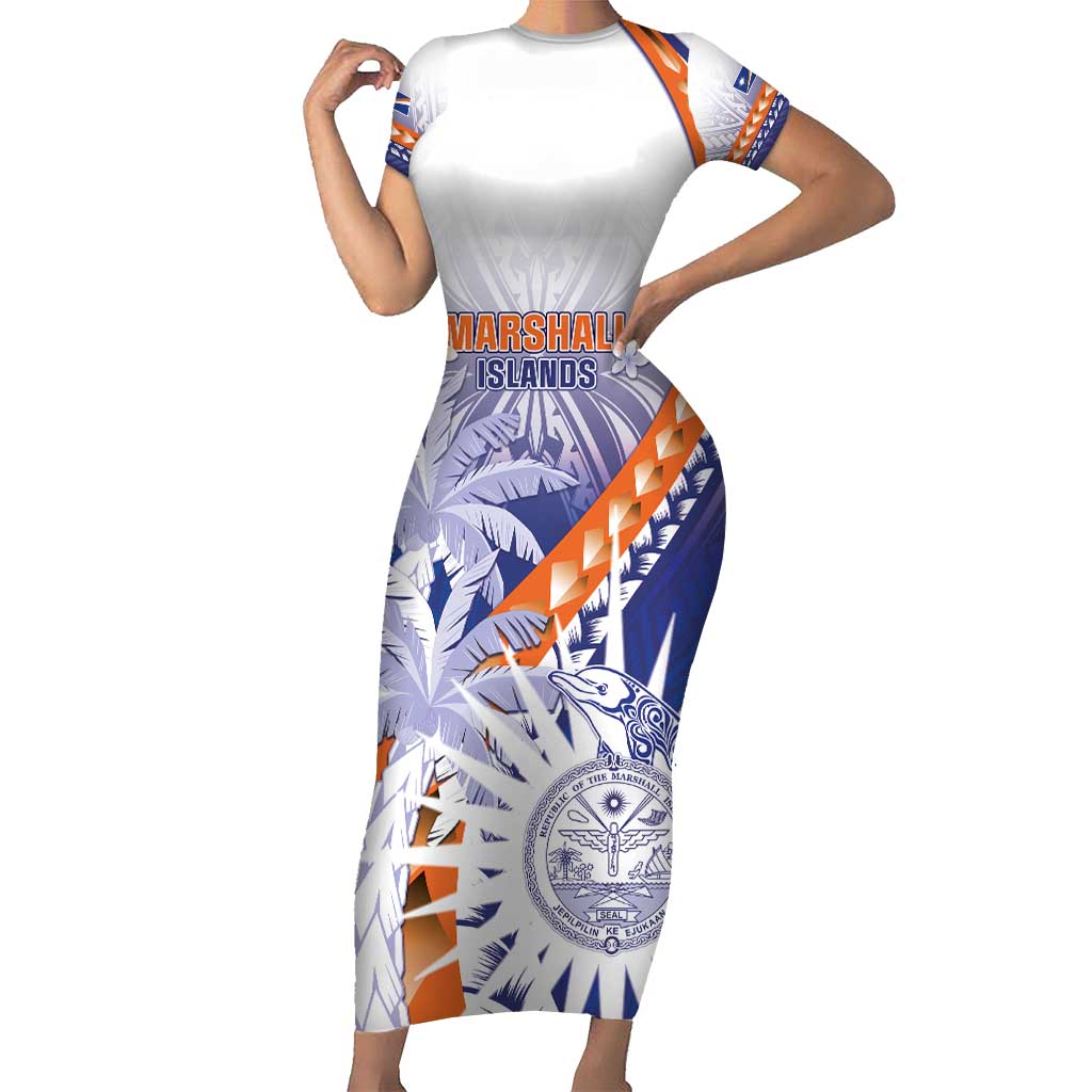 Personalised Marshall Islands Manit Day Short Sleeve Bodycon Dress Polynesian Tribal Tattoo Tropical Style LT05 Long Dress Blue - Polynesian Pride