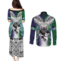 Custom New Zealand Warrior Couples Matching Puletasi and Long Sleeve Button Shirt Maori Tribal Pattern