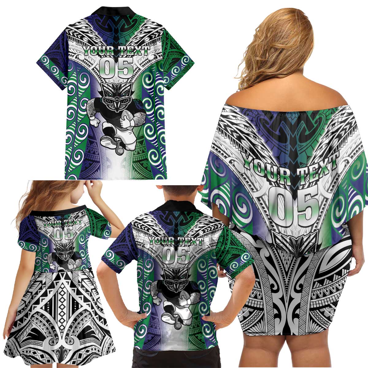 Custom New Zealand Warrior Family Matching Off Shoulder Short Dress and Hawaiian Shirt Maori Tribal Pattern LT05 - Polynesian Pride
