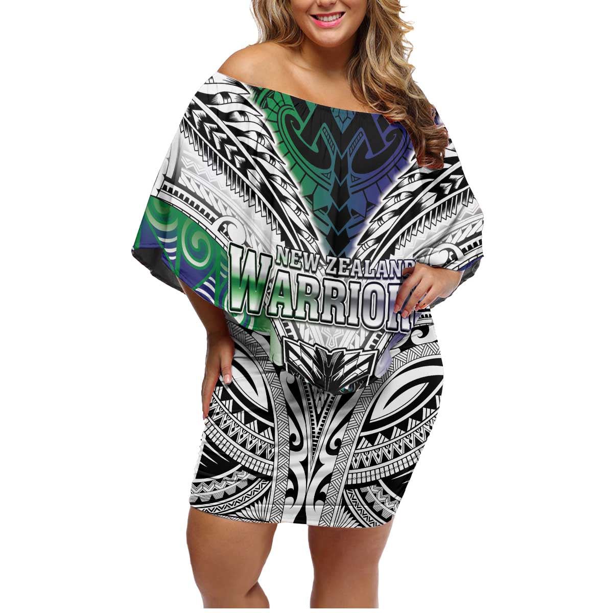 Custom New Zealand Warrior Family Matching Off Shoulder Short Dress and Hawaiian Shirt Maori Tribal Pattern LT05 Mom's Dress Green - Polynesian Pride