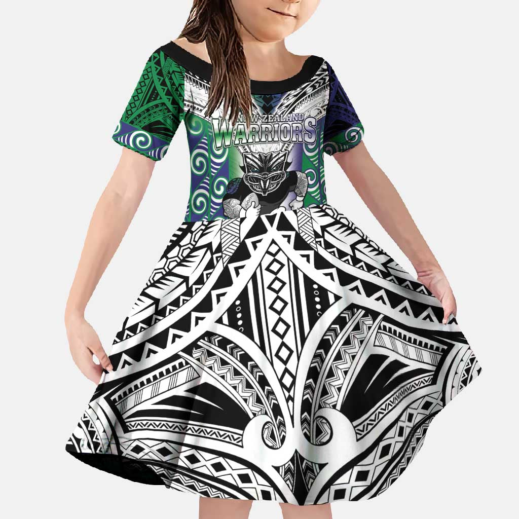 Custom New Zealand Warrior Family Matching Short Sleeve Bodycon Dress and Hawaiian Shirt Maori Tribal Pattern LT05 Daughter's Dress Green - Polynesian Pride