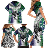 Custom New Zealand Warrior Family Matching Short Sleeve Bodycon Dress and Hawaiian Shirt Maori Tribal Pattern LT05 - Polynesian Pride