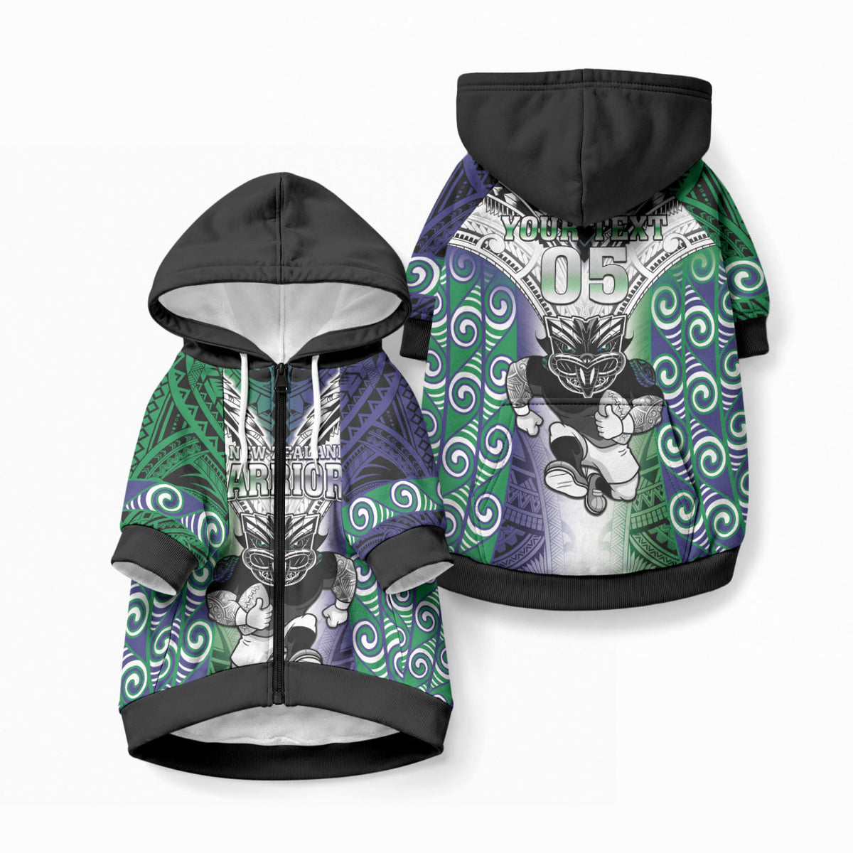 Custom New Zealand Warrior Pet Hoodie Maori Tribal Pattern LT05 Zip-up Green - Polynesian Pride