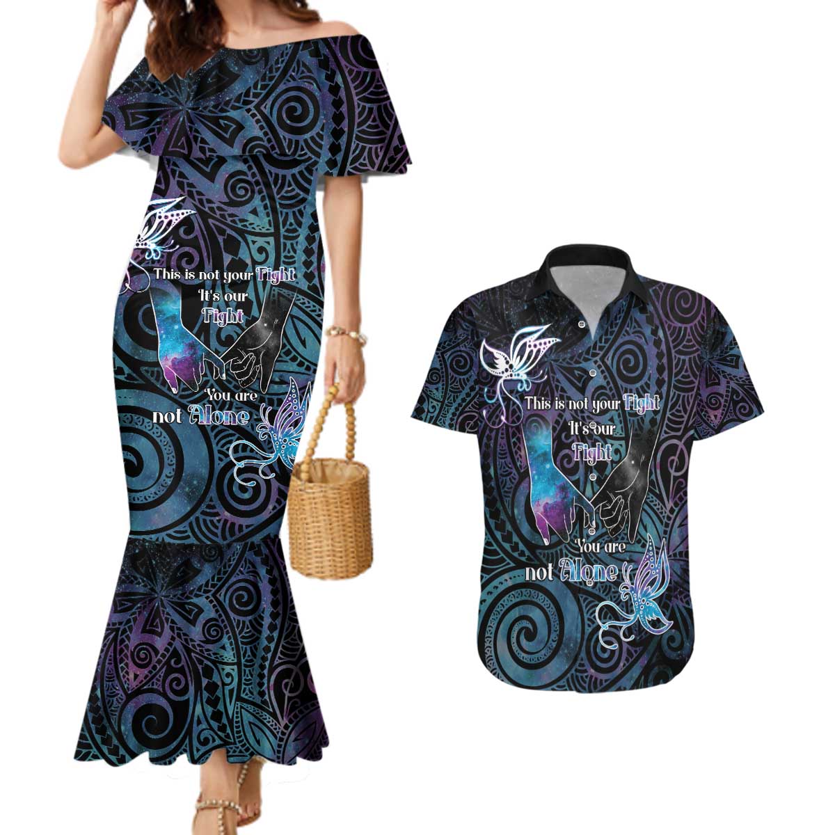 Suicide Awareness Couples Matching Mermaid Dress and Hawaiian Shirt You Are Not Alone LT05 Black - Polynesian Pride