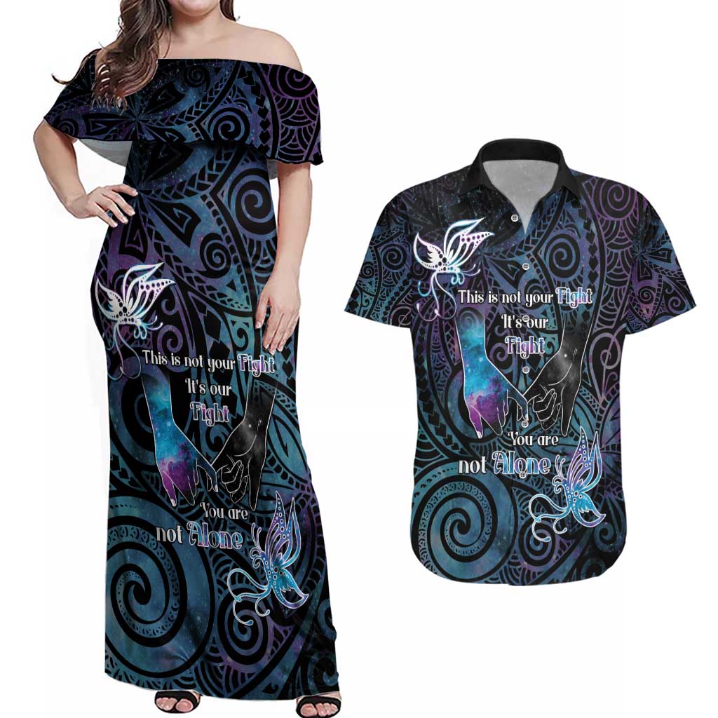 Suicide Awareness Couples Matching Off Shoulder Maxi Dress and Hawaiian Shirt You Are Not Alone LT05 Black - Polynesian Pride