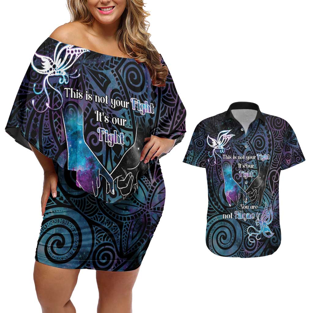 Suicide Awareness Couples Matching Off Shoulder Short Dress and Hawaiian Shirt You Are Not Alone LT05 Black - Polynesian Pride