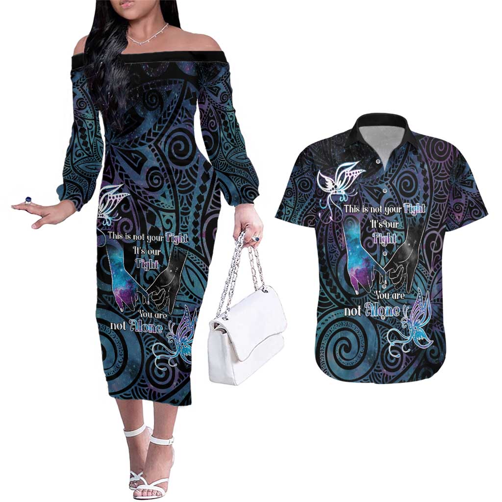 Suicide Awareness Couples Matching Off The Shoulder Long Sleeve Dress and Hawaiian Shirt You Are Not Alone - Polynesian Pride