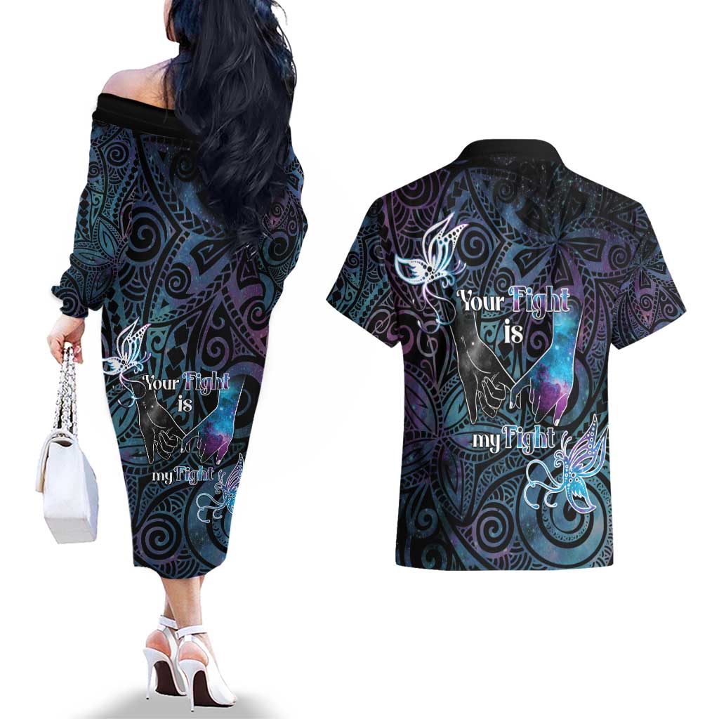 Suicide Awareness Couples Matching Off The Shoulder Long Sleeve Dress and Hawaiian Shirt You Are Not Alone - Polynesian Pride
