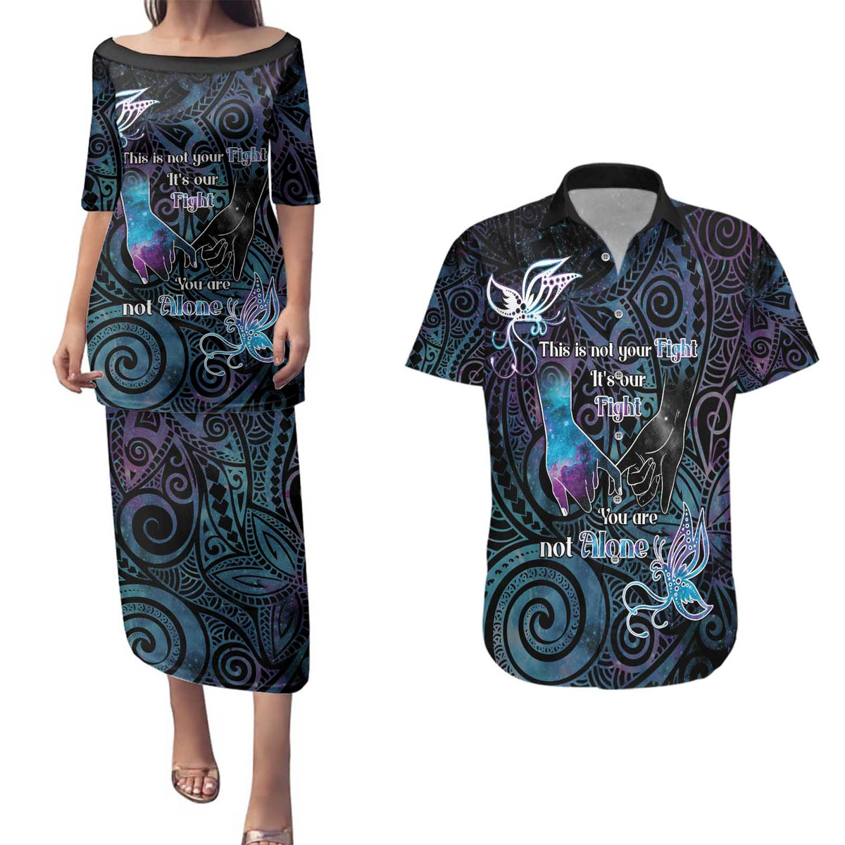 Suicide Awareness Couples Matching Puletasi and Hawaiian Shirt You Are Not Alone - Polynesian Pride
