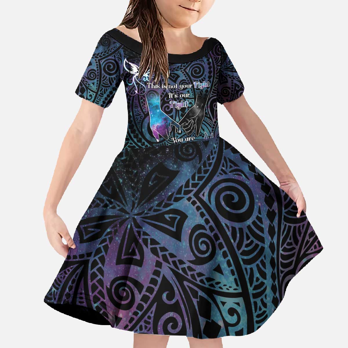 Suicide Awareness Family Matching Off The Shoulder Long Sleeve Dress and Hawaiian Shirt You Are Not Alone LT05 Daughter's Dress Black - Polynesian Pride