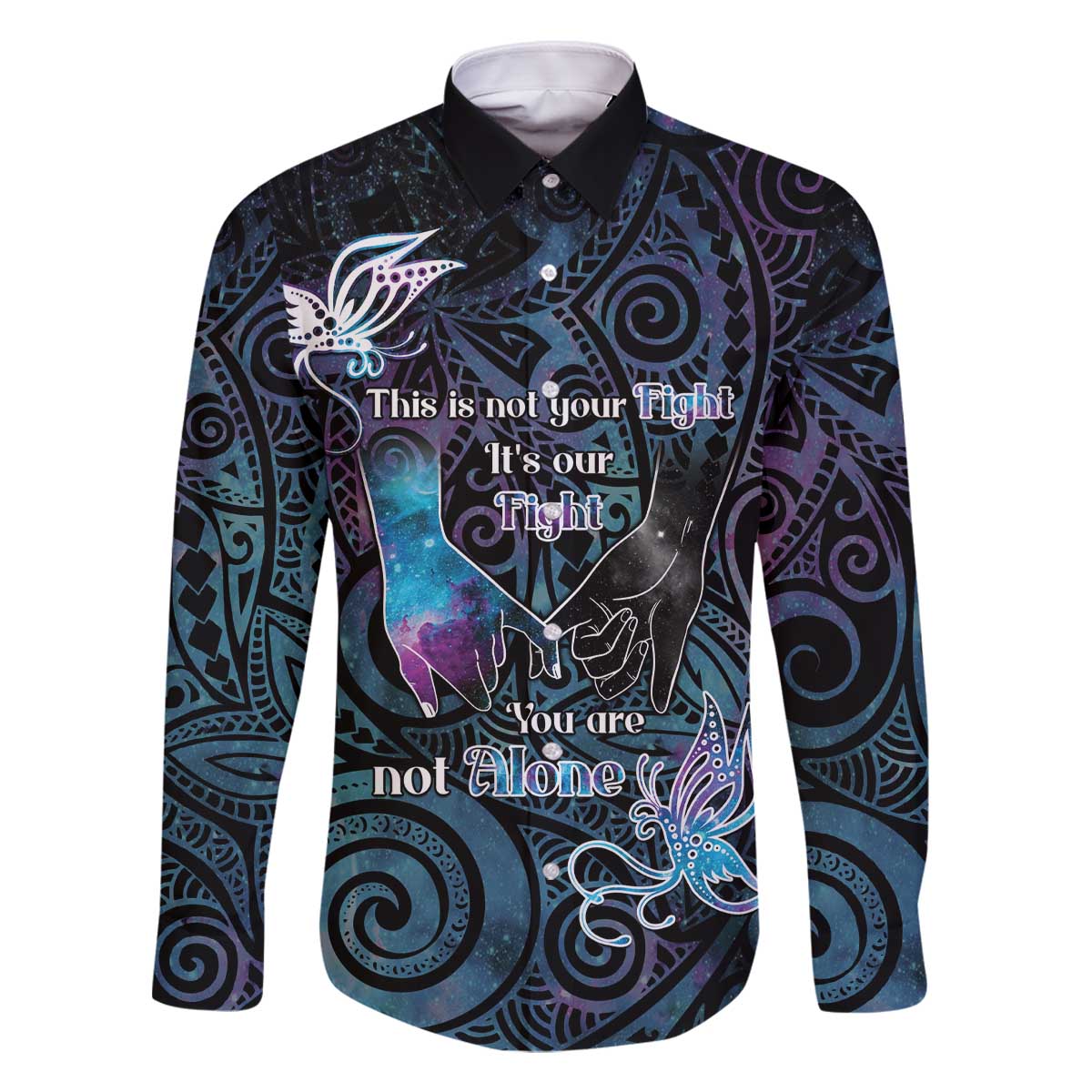 Suicide Awareness Family Matching Off The Shoulder Long Sleeve Dress and Hawaiian Shirt You Are Not Alone LT05 Dad's Shirt - Long Sleeve Black - Polynesian Pride