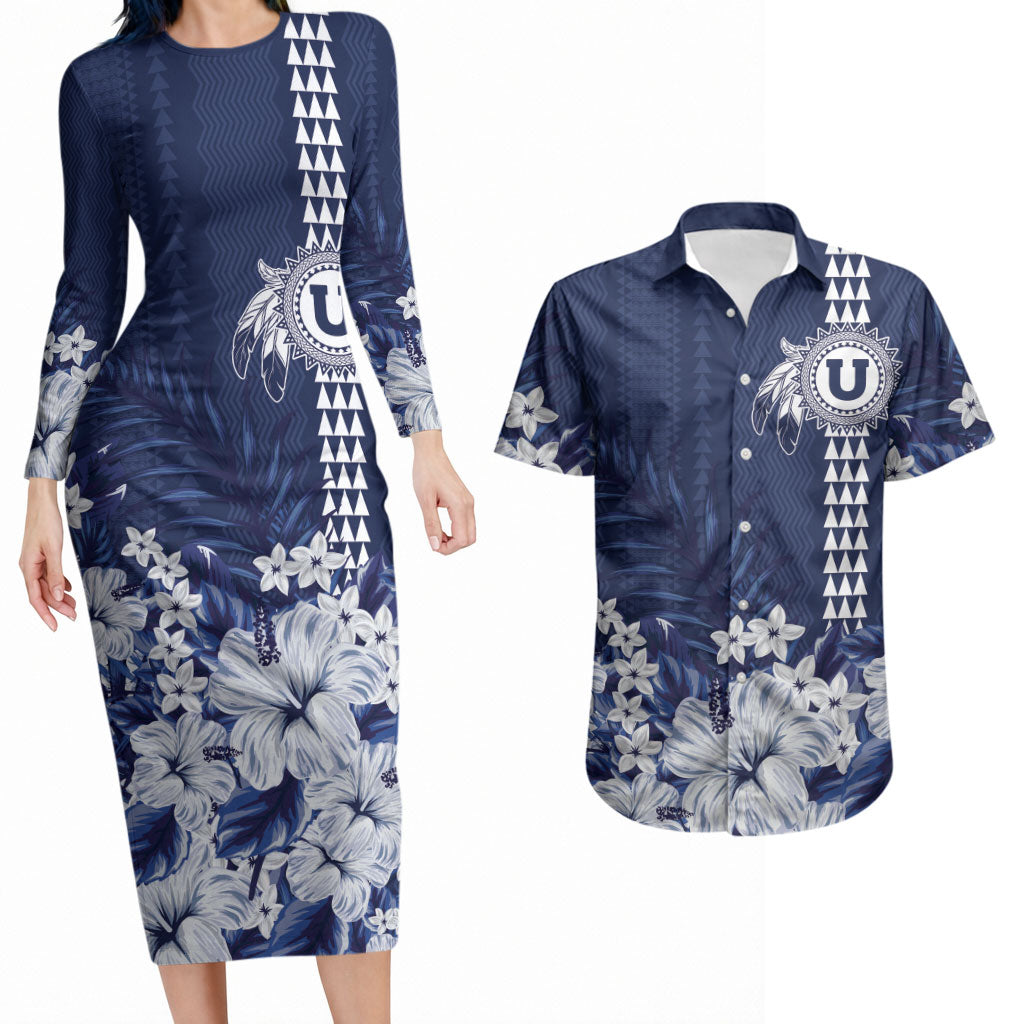 Personalized Utah State Couples Matching Long Sleeve Bodycon Dress and Hawaiian Shirt Polynesian Style LT05 Blue - Polynesian Pride