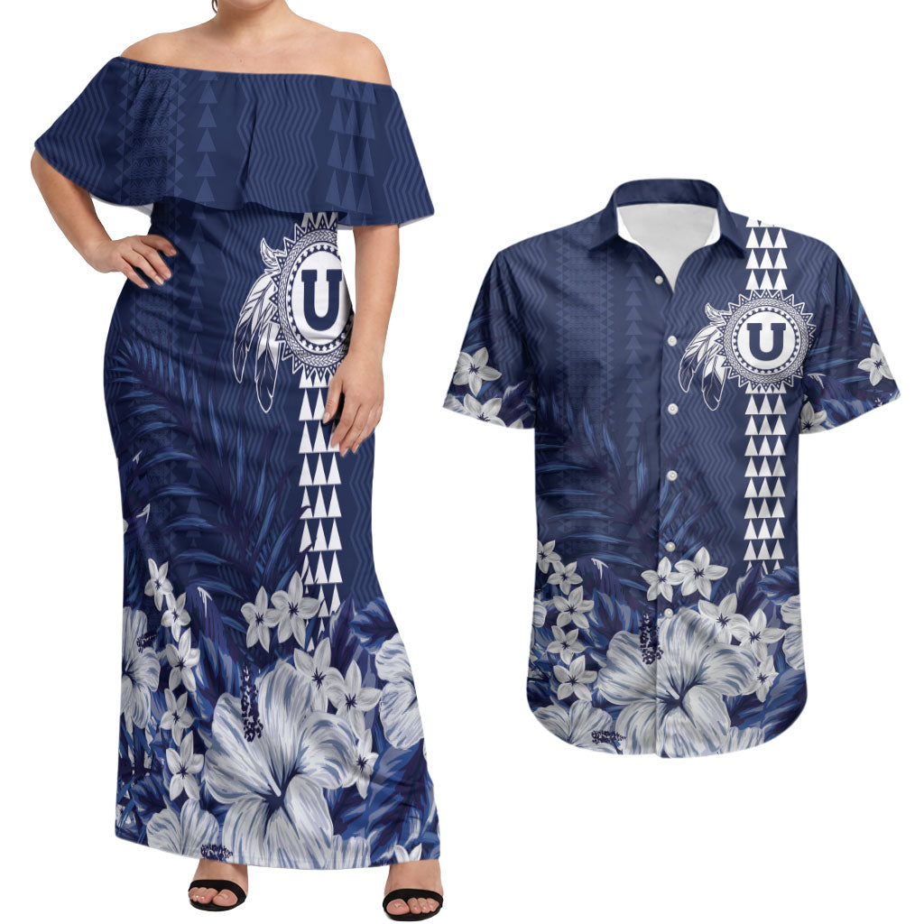 Personalized Utah State Couples Matching Off Shoulder Maxi Dress and Hawaiian Shirt Polynesian Style LT05 Blue - Polynesian Pride