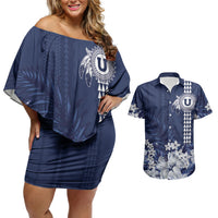Personalized Utah State Couples Matching Off Shoulder Short Dress and Hawaiian Shirt Polynesian Style LT05 Blue - Polynesian Pride