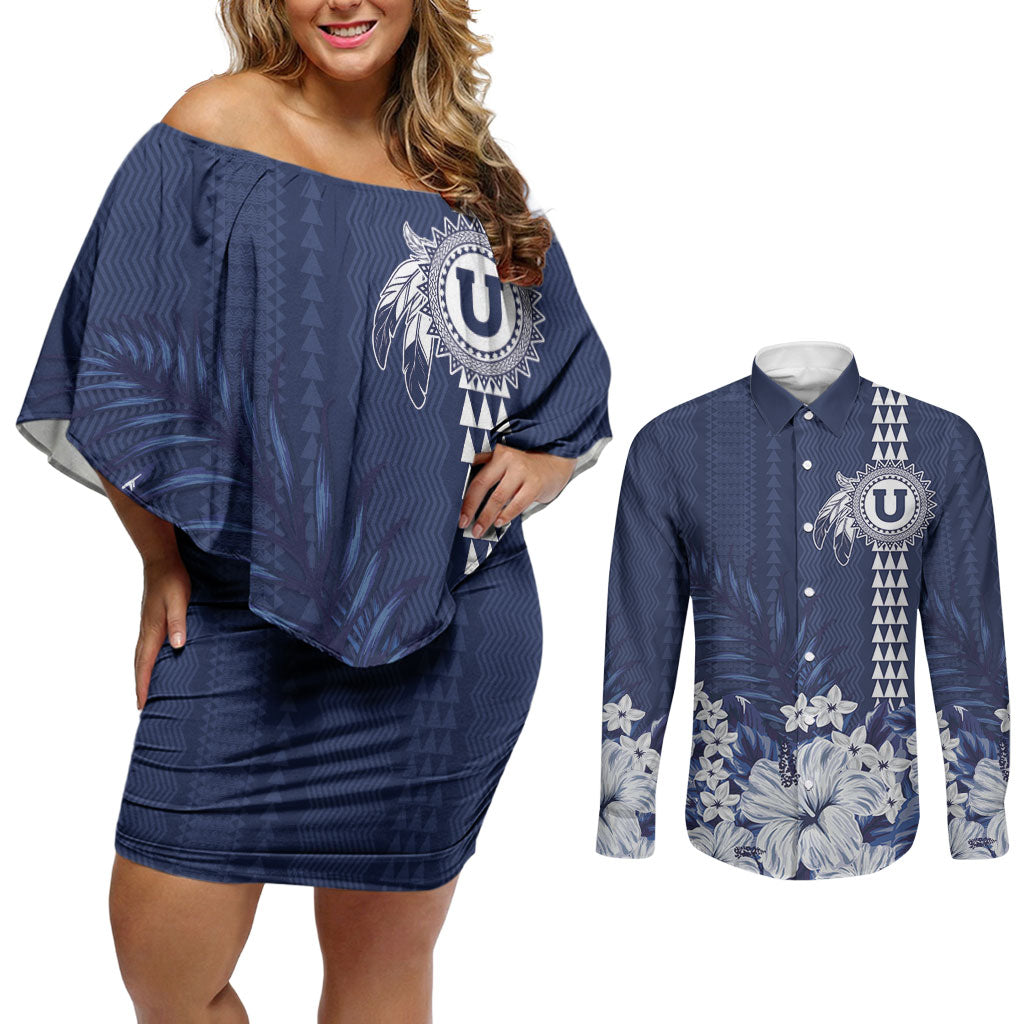 Personalized Utah State Couples Matching Off Shoulder Short Dress and Long Sleeve Button Shirt Polynesian Style LT05 Blue - Polynesian Pride