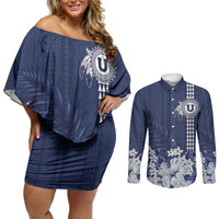 Personalized Utah State Couples Matching Off Shoulder Short Dress and Long Sleeve Button Shirt Polynesian Style LT05 Blue - Polynesian Pride