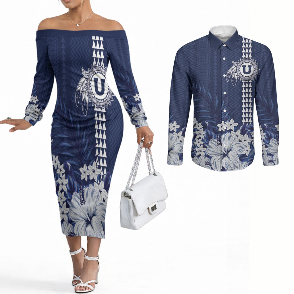 Personalized Utah State Couples Matching Off The Shoulder Long Sleeve Dress and Long Sleeve Button Shirt Polynesian Style LT05 Blue - Polynesian Pride