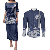 Personalized Utah State Couples Matching Puletasi and Long Sleeve Button Shirt Polynesian Style LT05 Blue - Polynesian Pride