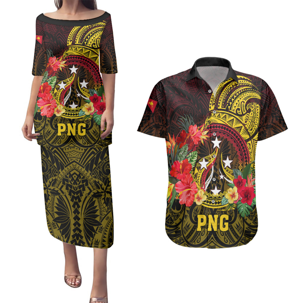 Papua New Guinea Couples Matching Puletasi Dress and Hawaiian Shirt Coat Of Arms Tropical Flowers Polynesian Pattern LT05 Yellow - Polynesian Pride