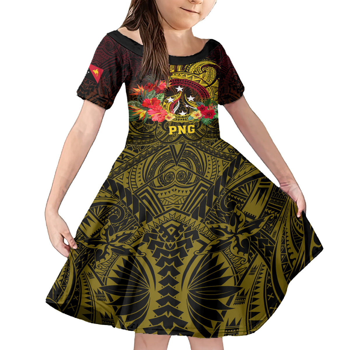 Papua New Guinea Kid Short Sleeve Dress Coat Of Arms Tropical Flowers Polynesian Pattern LT05 KID Yellow - Polynesian Pride