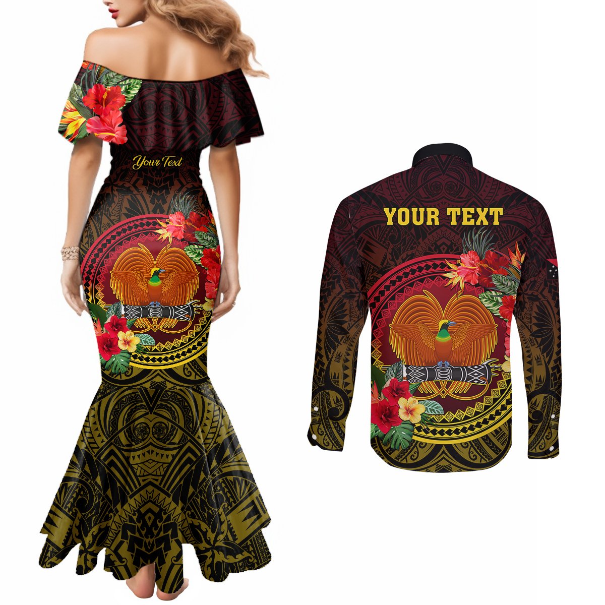 Personalized Papua New Guinea Couples Matching Mermaid Dress and Long Sleeve Button Shirts Coat Of Arms Tropical Flowers Polynesian Pattern LT05 - Polynesian Pride