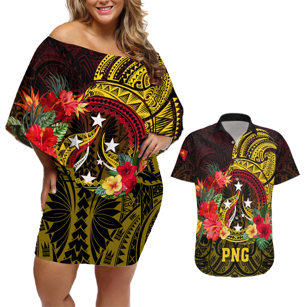 Personalized Papua New Guinea Couples Matching Off Shoulder Short Dress and Hawaiian Shirt Coat Of Arms Tropical Flowers Polynesian Pattern LT05 Yellow - Polynesian Pride