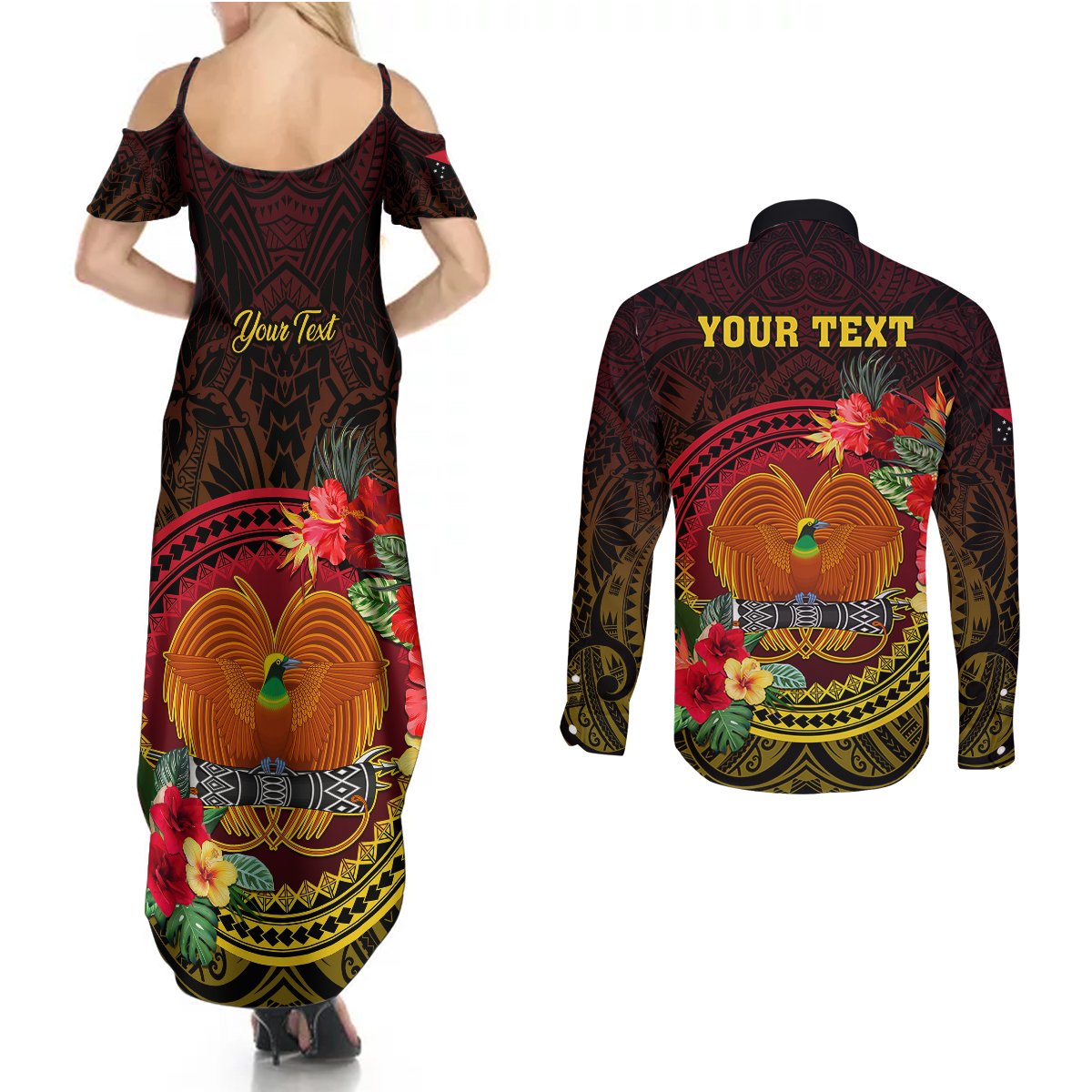 Personalized Papua New Guinea Couples Matching Summer Maxi Dress and Long Sleeve Button Shirts Coat Of Arms Tropical Flowers Polynesian Pattern LT05 - Polynesian Pride