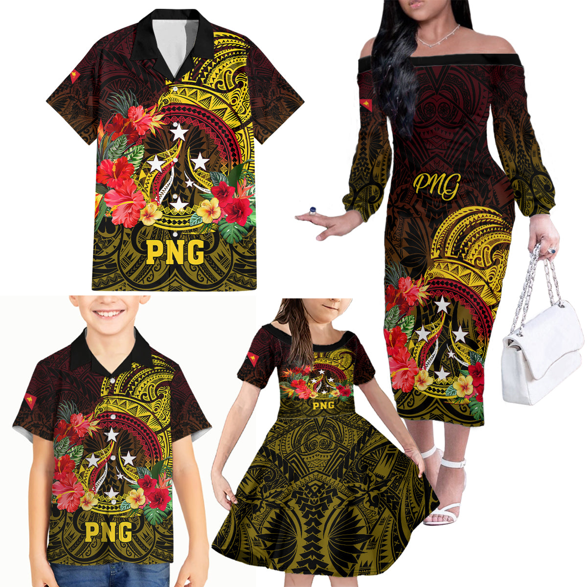 Personalized Papua New Guinea Family Matching Off Shoulder Long Sleeve Dress and Hawaiian Shirt Coat Of Arms Tropical Flowers Polynesian Pattern LT05 - Polynesian Pride