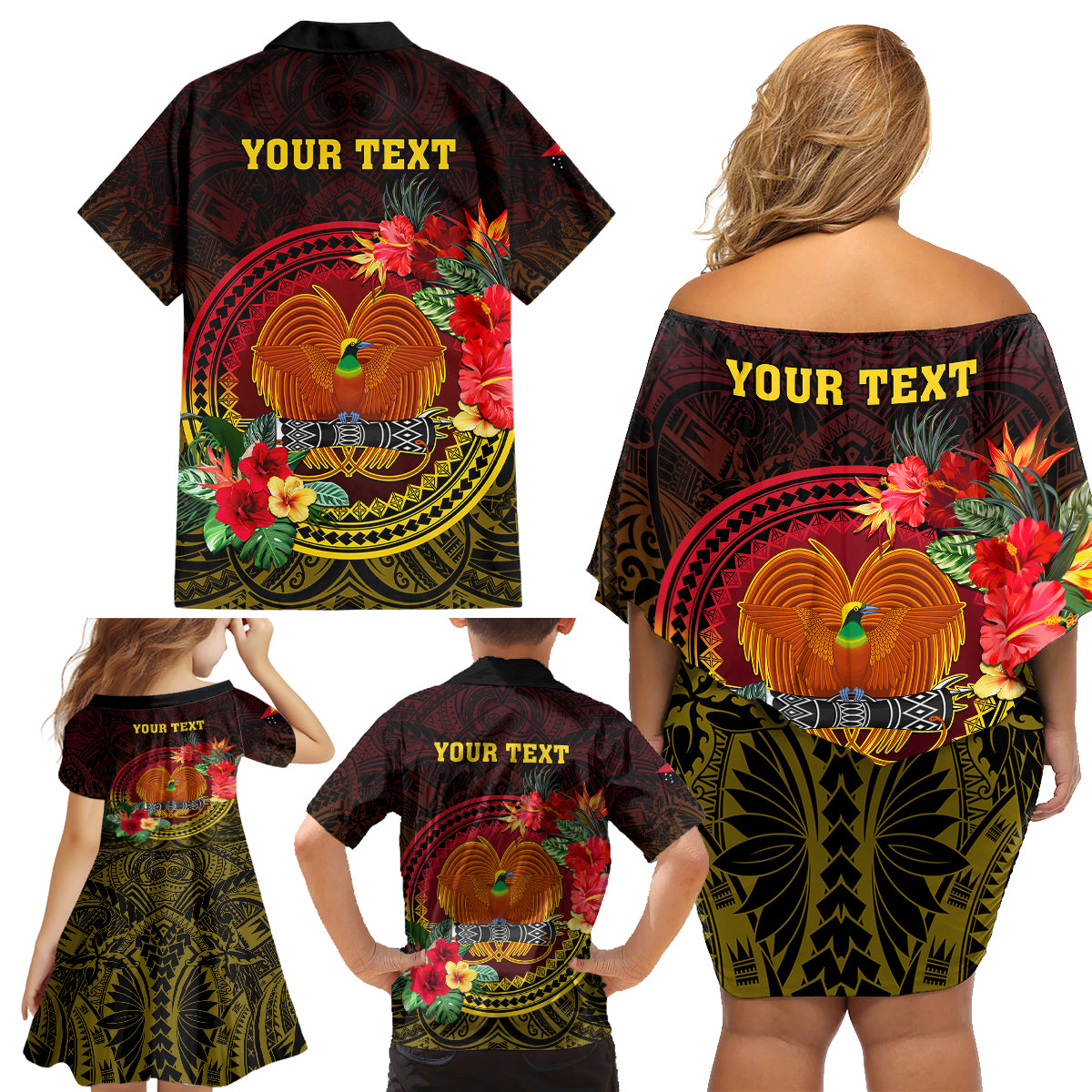 Personalized Papua New Guinea Family Matching Off Shoulder Short Dress and Hawaiian Shirt Coat Of Arms Tropical Flowers Polynesian Pattern LT05 - Polynesian Pride