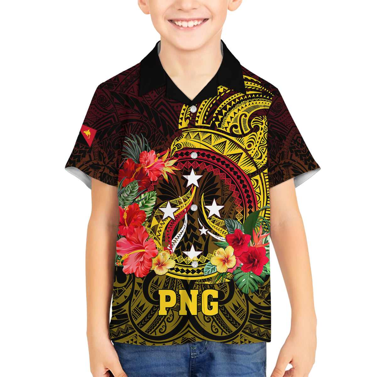 Personalized Papua New Guinea Kid Hawaiian Shirt Coat Of Arms Tropical Flowers Polynesian Pattern LT05 - Polynesian Pride
