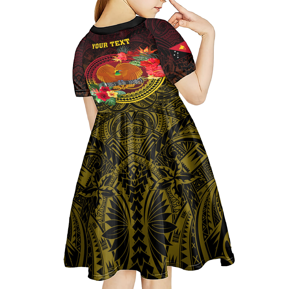 Personalized Papua New Guinea Kid Short Sleeve Dress Coat Of Arms Tropical Flowers Polynesian Pattern LT05 - Polynesian Pride