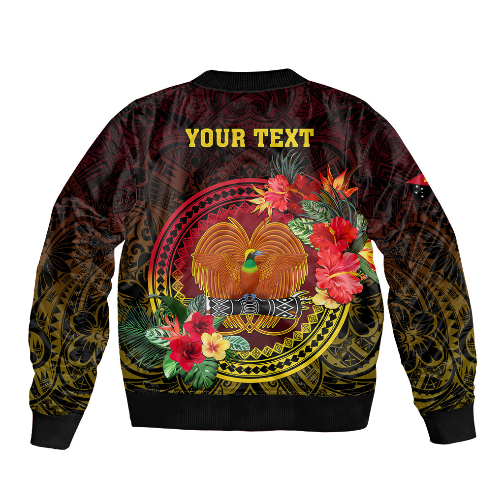 Personalized Papua New Guinea Sleeve Zip Bomber Jacket Coat Of Arms Tropical Flowers Polynesian Pattern LT05 - Polynesian Pride