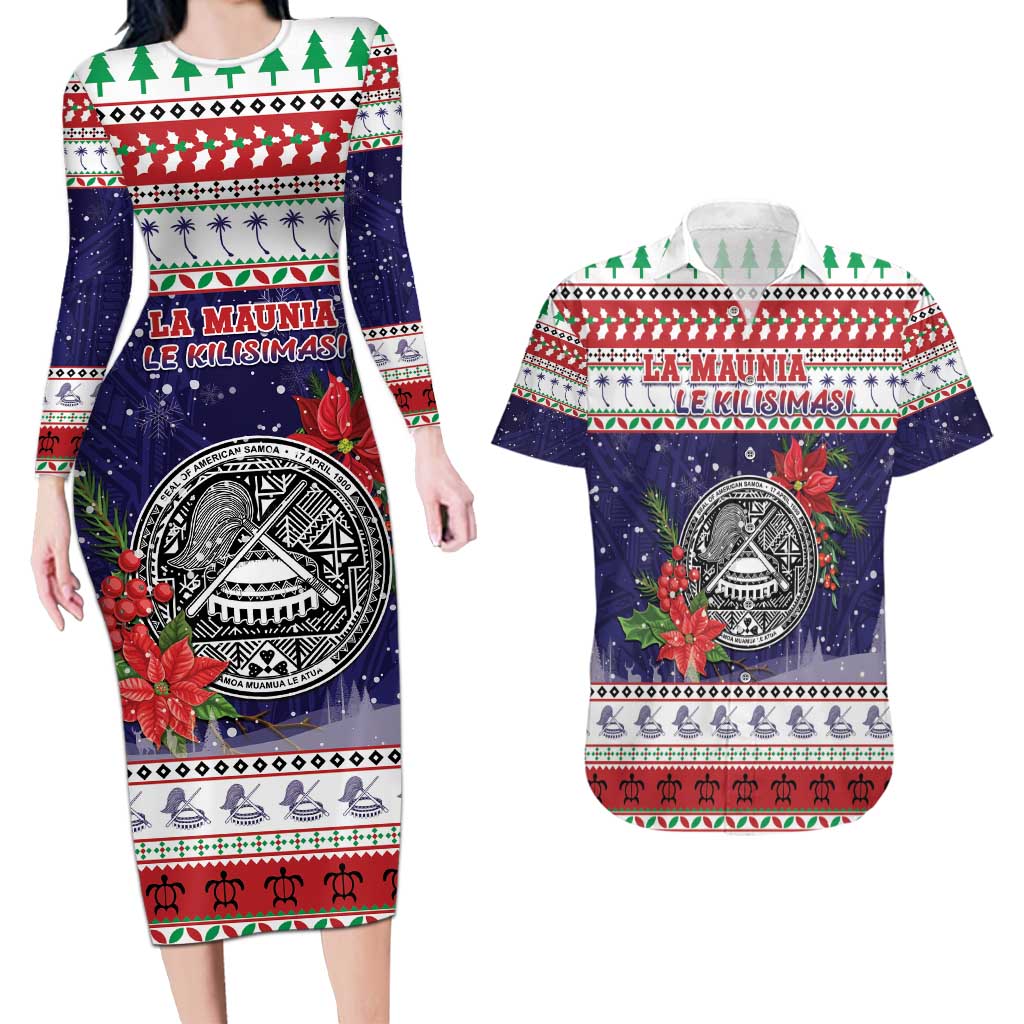 American Samoa Christmas Couples Matching Long Sleeve Bodycon Dress and Hawaiian Shirt Poinsettia La Maunia Le Kilisimasi LT05 White - Polynesian Pride