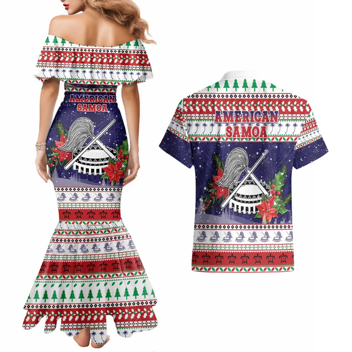 American Samoa Christmas Couples Matching Mermaid Dress and Hawaiian Shirt Poinsettia La Maunia Le Kilisimasi LT05 - Polynesian Pride