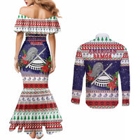 American Samoa Christmas Couples Matching Mermaid Dress and Long Sleeve Button Shirt Poinsettia La Maunia Le Kilisimasi