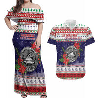 American Samoa Christmas Couples Matching Off Shoulder Maxi Dress and Hawaiian Shirt Poinsettia La Maunia Le Kilisimasi LT05 White - Polynesian Pride