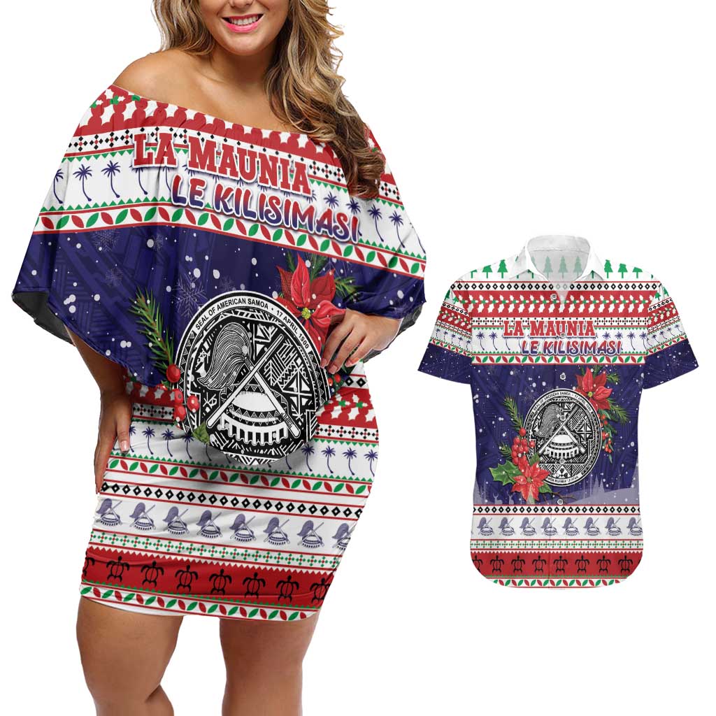 American Samoa Christmas Couples Matching Off Shoulder Short Dress and Hawaiian Shirt Poinsettia La Maunia Le Kilisimasi LT05 White - Polynesian Pride
