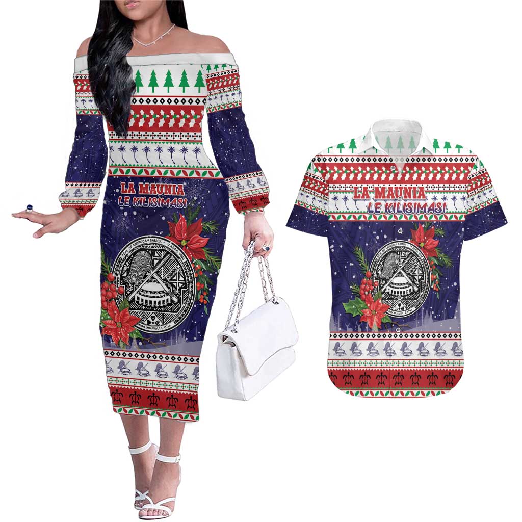 American Samoa Christmas Couples Matching Off The Shoulder Long Sleeve Dress and Hawaiian Shirt Poinsettia La Maunia Le Kilisimasi LT05 White - Polynesian Pride