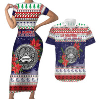 American Samoa Christmas Couples Matching Short Sleeve Bodycon Dress and Hawaiian Shirt Poinsettia La Maunia Le Kilisimasi LT05 White - Polynesian Pride