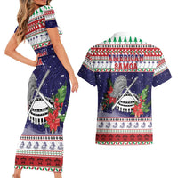 American Samoa Christmas Couples Matching Short Sleeve Bodycon Dress and Hawaiian Shirt Poinsettia La Maunia Le Kilisimasi LT05 - Polynesian Pride