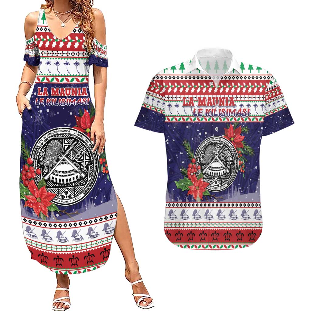 American Samoa Christmas Couples Matching Summer Maxi Dress and Hawaiian Shirt Poinsettia La Maunia Le Kilisimasi