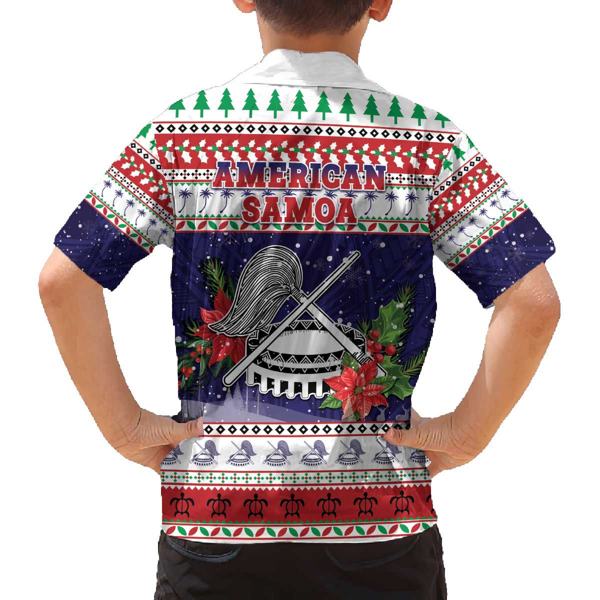 American Samoa Christmas Family Matching Off The Shoulder Long Sleeve Dress and Hawaiian Shirt Poinsettia La Maunia Le Kilisimasi LT05 - Polynesian Pride