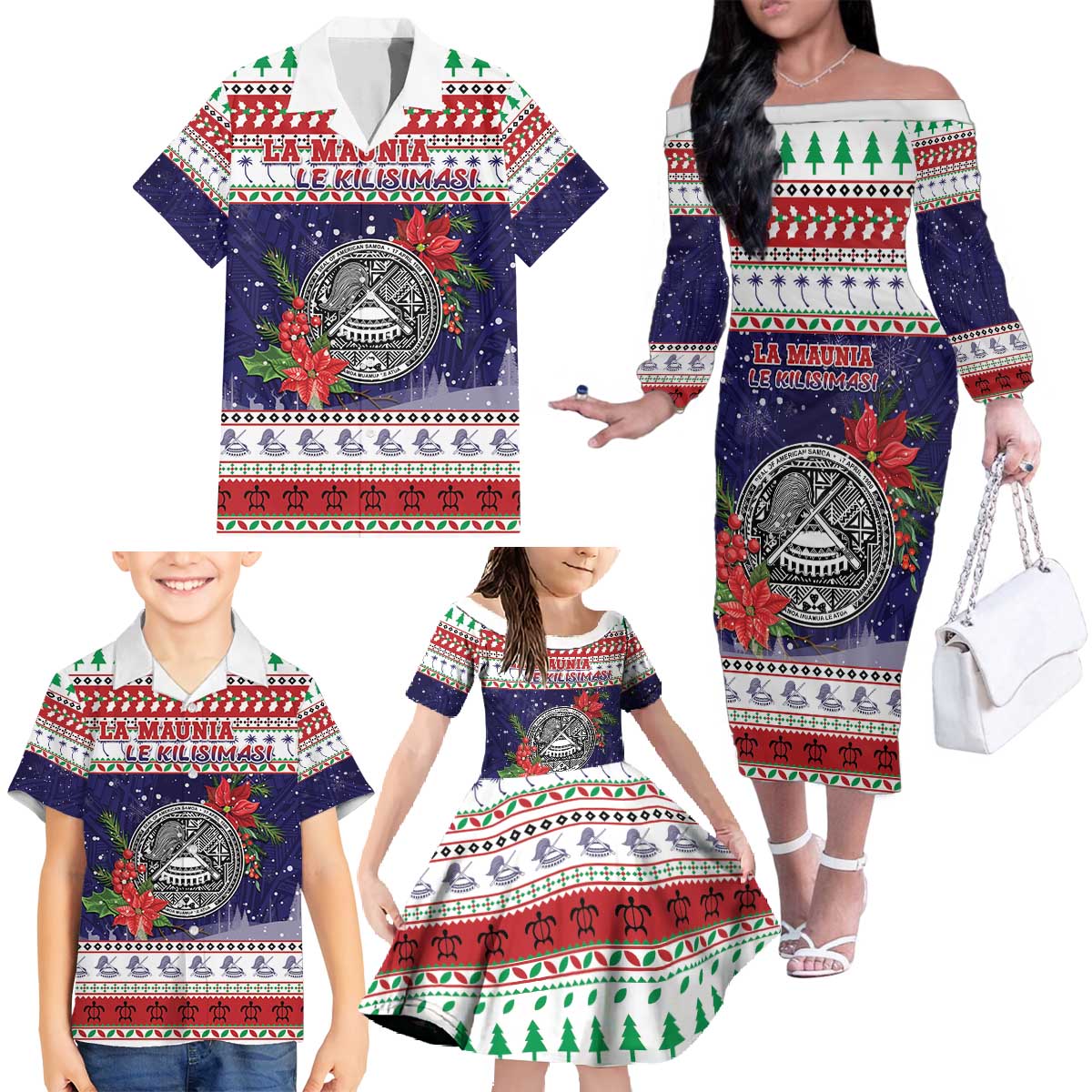 American Samoa Christmas Family Matching Off The Shoulder Long Sleeve Dress and Hawaiian Shirt Poinsettia La Maunia Le Kilisimasi LT05 - Polynesian Pride
