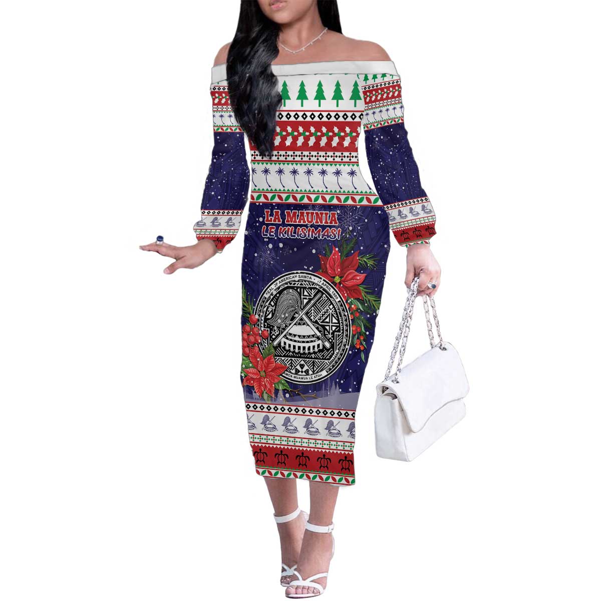 American Samoa Christmas Family Matching Off The Shoulder Long Sleeve Dress and Hawaiian Shirt Poinsettia La Maunia Le Kilisimasi LT05 Mom's Dress White - Polynesian Pride