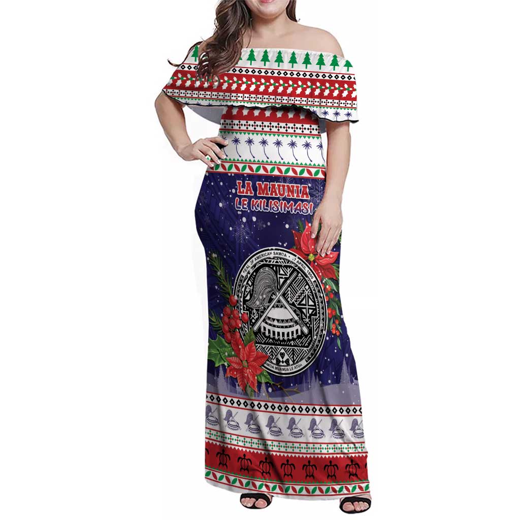 American Samoa Christmas Family Matching Off Shoulder Maxi Dress and Hawaiian Shirt Poinsettia La Maunia Le Kilisimasi LT05 Mom's Dress White - Polynesian Pride