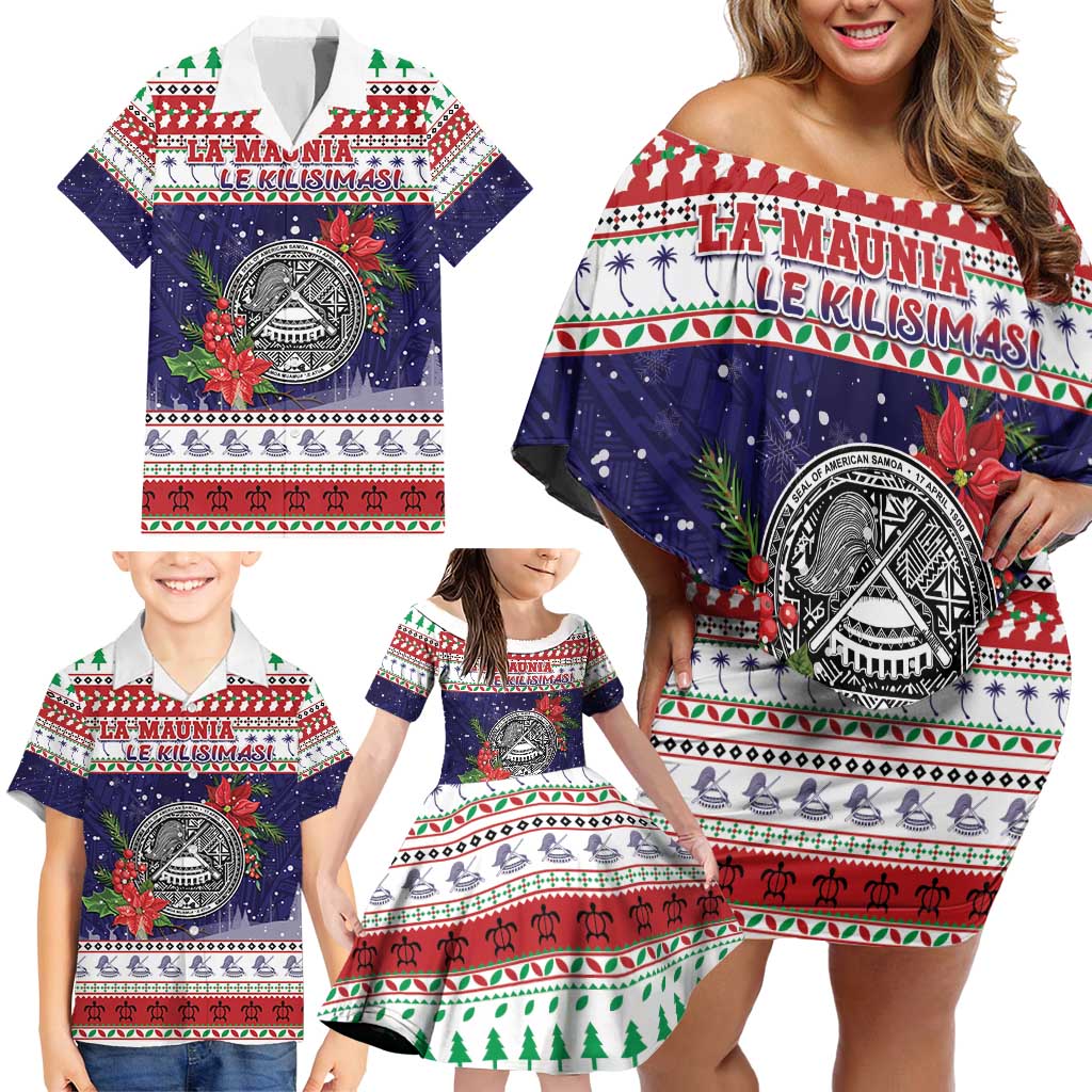 American Samoa Christmas Family Matching Off Shoulder Short Dress and Hawaiian Shirt Poinsettia La Maunia Le Kilisimasi LT05 - Polynesian Pride