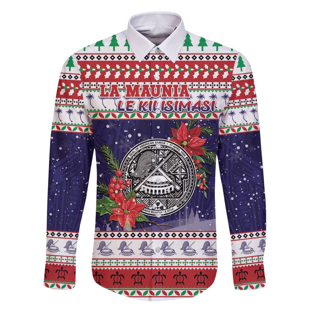 American Samoa Christmas Family Matching Puletasi and Hawaiian Shirt Poinsettia La Maunia Le Kilisimasi LT05 Dad's Shirt - Long Sleeve White - Polynesian Pride