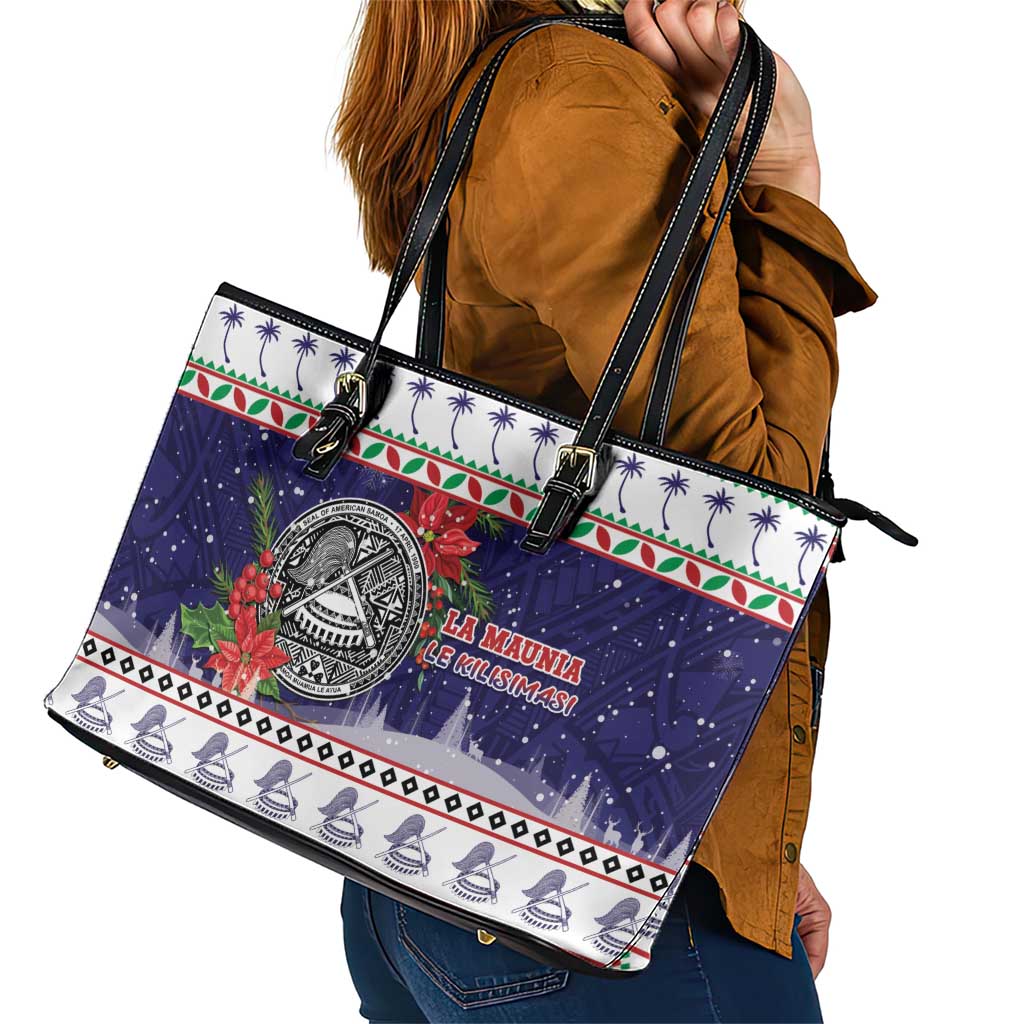 American Samoa Christmas Leather Tote Bag Poinsettia La Maunia Le Kilisimasi