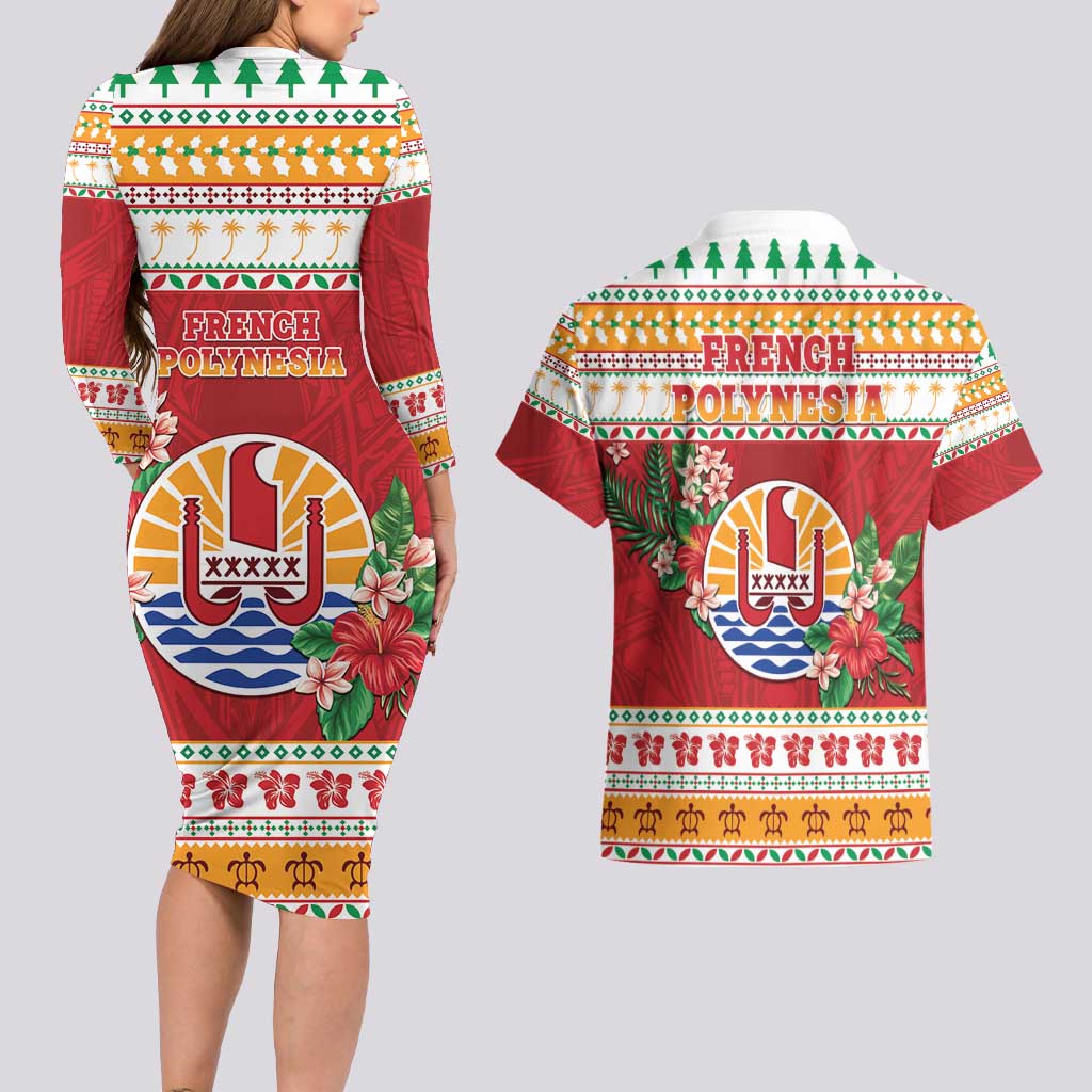 French Polynesia Christmas Couples Matching Long Sleeve Bodycon Dress and Hawaiian Shirt Coat Of Arms Merry Xmas LT05 - Polynesian Pride
