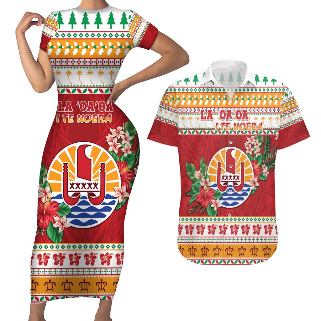 French Polynesia Christmas Couples Matching Short Sleeve Bodycon Dress and Hawaiian Shirt Coat Of Arms Merry Xmas LT05 Red - Polynesian Pride